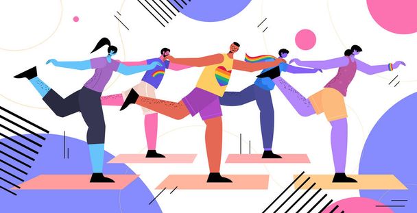 people doing stretching exercises LGBT parade pride festival transgender love concept full length horizontal vector illustration - Διάνυσμα, εικόνα