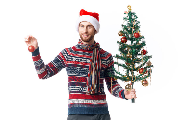 Όμορφος άντρας με ένα δέντρο στα χέρια στολίζει ένα στούντιο γιορτής που ποζάρει. - Φωτογραφία, εικόνα