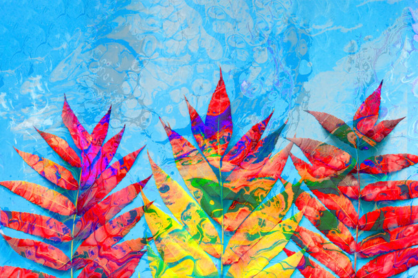 Tropical leaves on abstract background with mixed acrylic paints. Design Trend: Psych Out. Free form flow. - Photo, Image