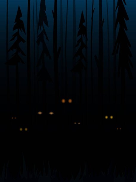 Halloween wektor tło z ciemnym lesie i przerażające świecące oczy między drzewami - Wektor, obraz