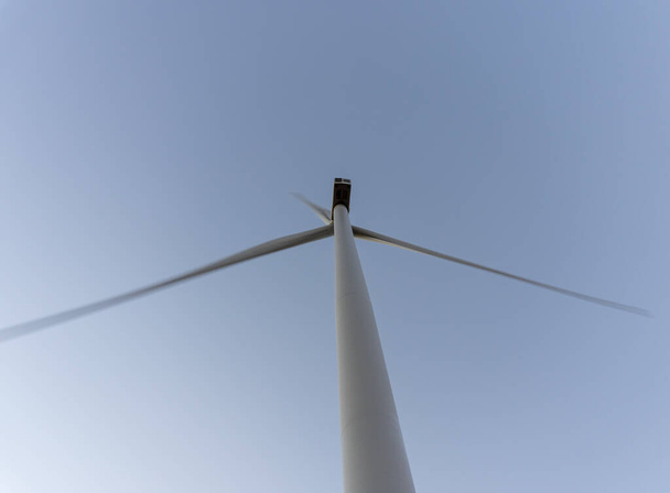 Näkymä alhaalta tuulimyllylle tuottaa uusiutuvaa sähköä, jossa valo Dawn. - Valokuva, kuva