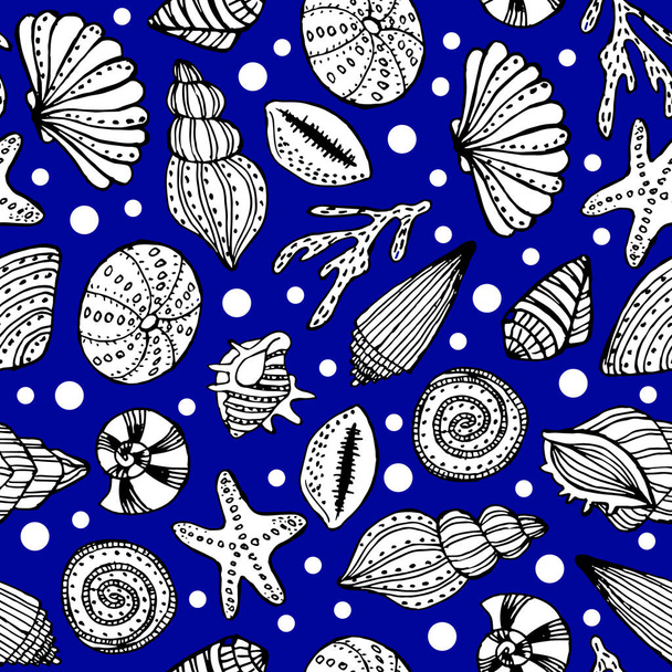 illustrazione, motivo senza cuciture sul tema marino, conchiglie di contorno disegnate a mano, stelle marine, coralli su sfondo blu, per tessuti, carta - Vettoriali, immagini