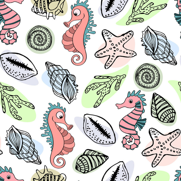 illust, patrón sin costuras en el tema marino, conchas marinas dibujadas a mano, estrella de mar, caballitos de mar sobre un fondo blanco, para textiles, papel - Vector, Imagen