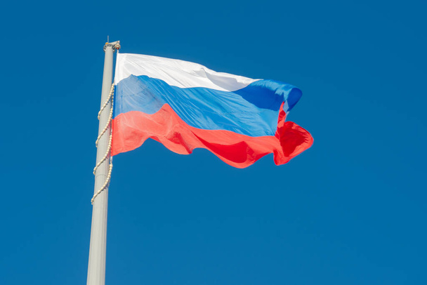 Russian state flag waving in the wind against the blue sky - Foto, imagen