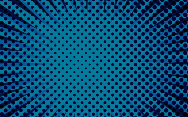 Pop art radial colorful comics book magazine cover. Striped blue digital background. Cartoon funny retro pattern strip mock up. Vector halftone illustration. Sunburst, starburst shape - Wektor, obraz