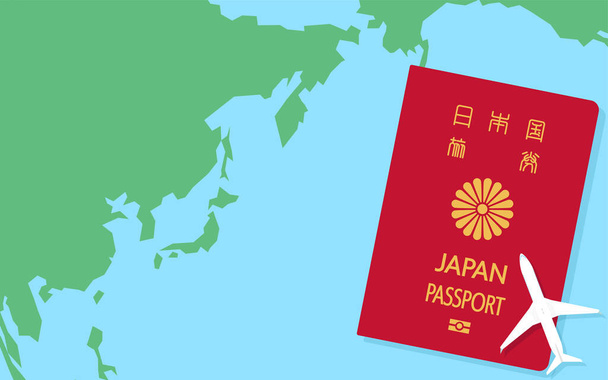 Wereldkaart rond Japan, Japans paspoort en modelvliegtuig, algemeen paspoort Rood - Vertaling: Japans paspoort - Vector, afbeelding