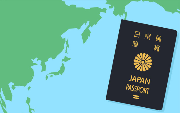 Mapa del mundo alrededor de Japón y pasaportes japoneses, documentos generales de viaje, azul oscuro - Traducción: Pasaporte japonés - Vector, imagen