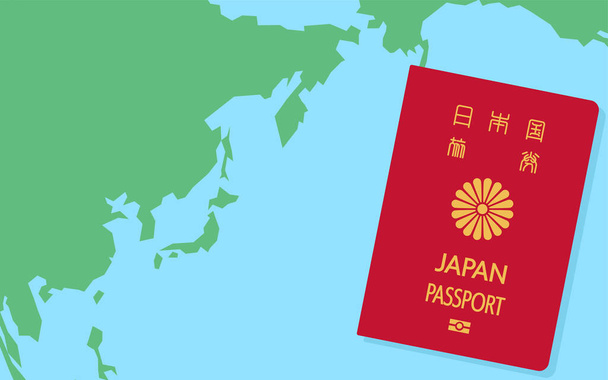 Mapa del mundo alrededor de Japón y pasaportes japoneses, documentos generales de viaje, rojo - Traducción: Pasaporte japonés - Vector, imagen