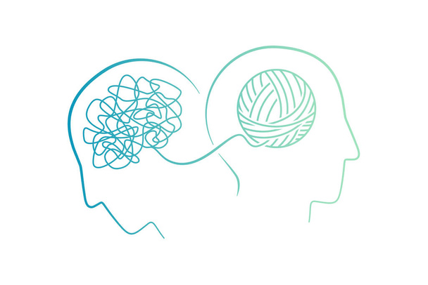Mental health concept of two heads with brain as continuous line in blue green vector illustration - Vector, Image