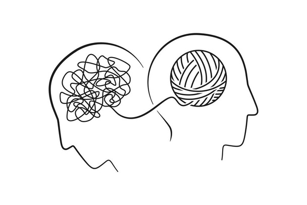 Duševní zdraví koncept dvou hlav s mozkem jako souvislá linie ve vektorové ilustraci - Vektor, obrázek