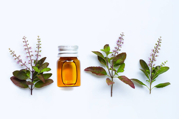 Botella de aceite esencial con hojas de albahaca fresca y flor sobre fondo blanco. - Foto, imagen