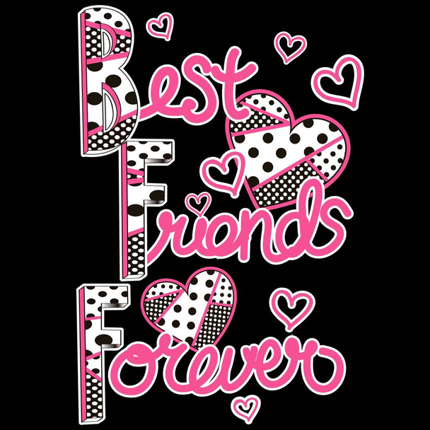 Friendship illustration, lettering best friends forever, hearts and black background - Vector, Image