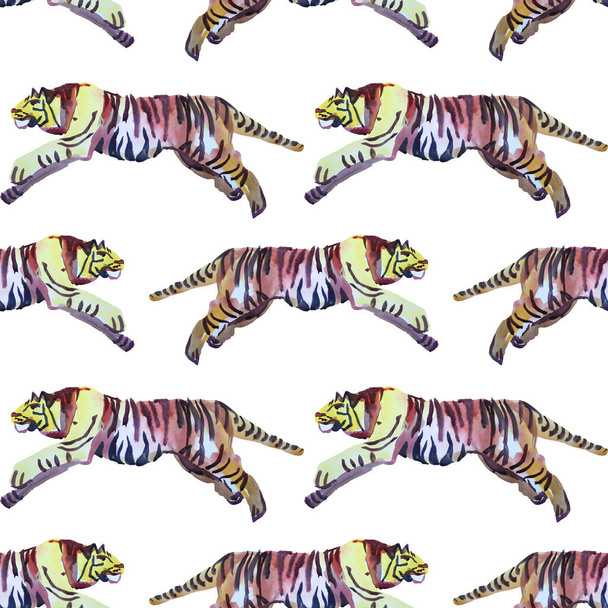 Seamless pattern watercolor hand-drawn abstract jump tiger wild cat on white background. Chinese symbol new year. Orange animal with black stripes. Creative clipart for christmas, celebration - Valokuva, kuva