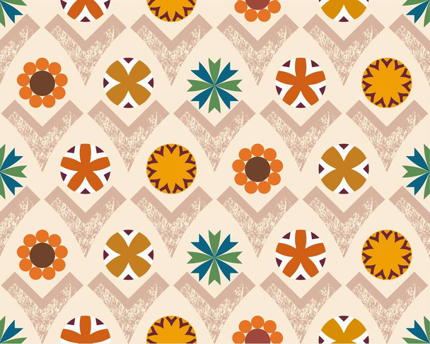 Neutral earthy grounded warm hues geometric flowers in various circular and v shapes. Vector seamless surface pattern can be applied to create wallpaper, printed paper products, for backgrounds, digital realm, graphic resources or scrapbooking. - Vector, Image