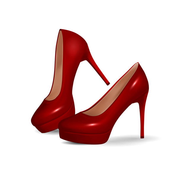 Modern fashionable red platform shoes. High, thin heel. Stilettos. High quality realistic vector object. 3d illustration, - Вектор, зображення