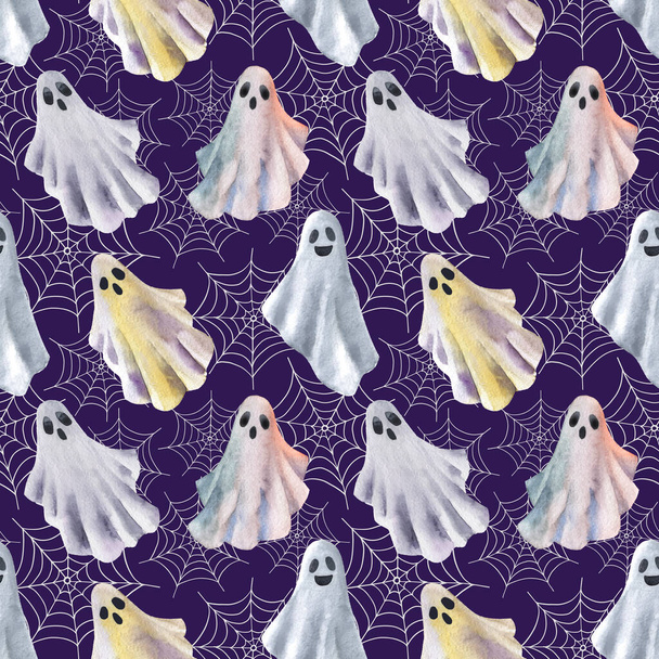 Funny Halloween ghosts watercolour seamless pattern. Halloween illustration. Hand drawn style. Cute little ghosts with spider web on web background. - Фото, зображення