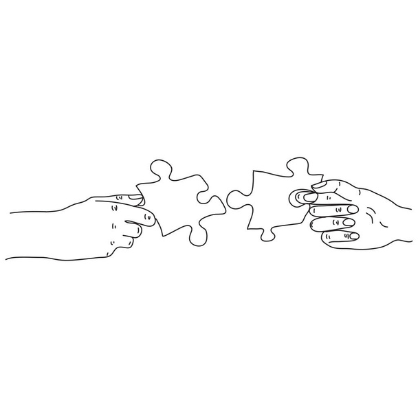 Verbinding. Handen proberen twee puzzelstukjes in elkaar te passen. Puzzelpictogram, teamwork concept. Vector - Vector, afbeelding