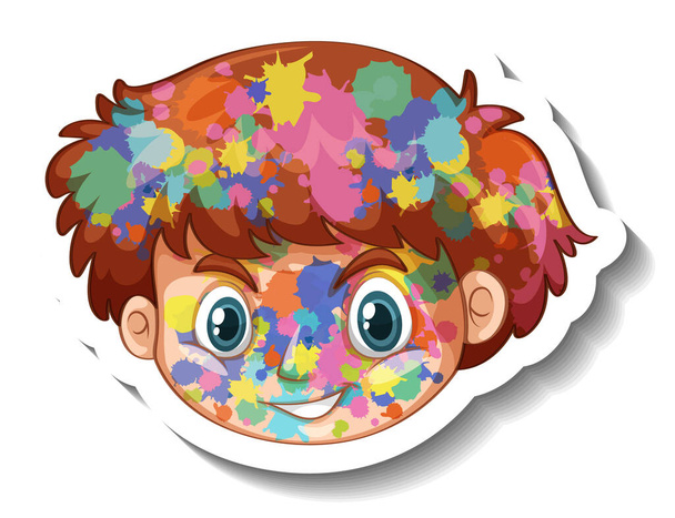 Glückliches Jungengesicht mit Farbe auf seinem Gesicht Aufkleber auf weißem Hintergrund Illustration - Vektor, Bild