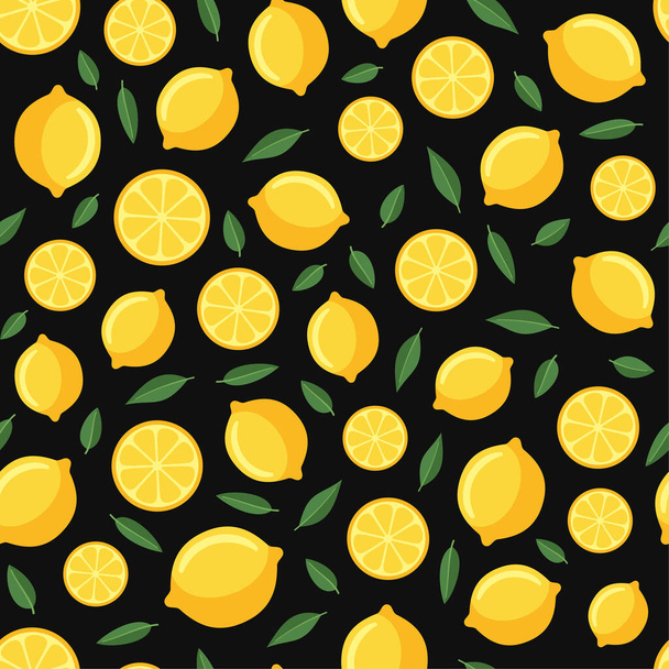 Lemon Seamless Pattern on Black Background. Vector - Vetor, Imagem