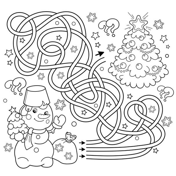 Maze or Labyrinth Game. Puzzle. Tangled Road. Coloring Page Outline Of snowman with Christmas tree. New year. Christmas. Coloring book for kids. - Vector, Image