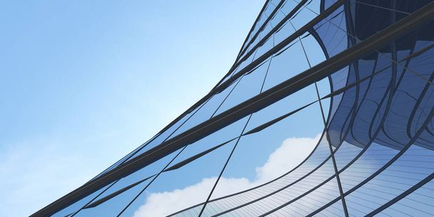 未来建築の低角度ビュー、曲線ガラス窓付きオフィスビルの高層ビル、 3Dレンダリング. - 写真・画像