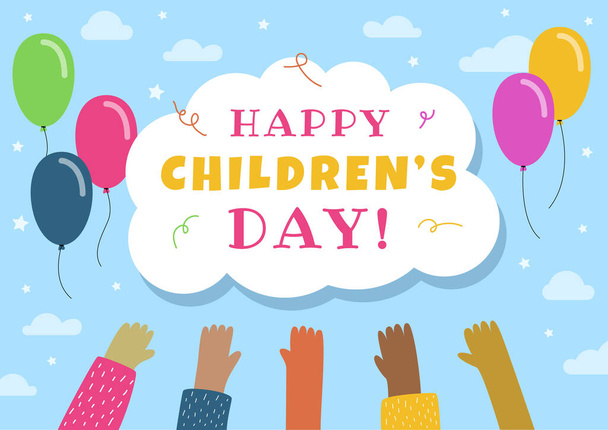 Happy world childrens day banner concept. Kids raised their hands up - Vector, Image