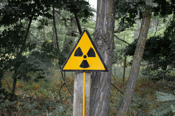Помаранчевий символ радіоактивності в Чорнобильській зоні відчуження в Україні. Радіаційний знак - Фото, зображення