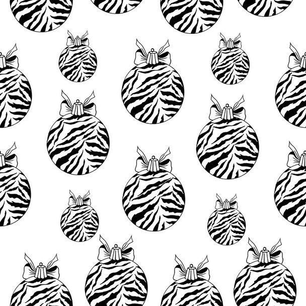 Seamless Christmas pattern Christmas balls with a bow and tiger print on a white background.The vector pattern can be used in textiles, gift packages,and postcards. - Вектор,изображение