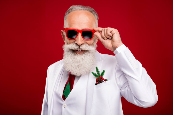 Photo of cool old white hair good man wear spectacles white jacket isolated on red color background - Zdjęcie, obraz
