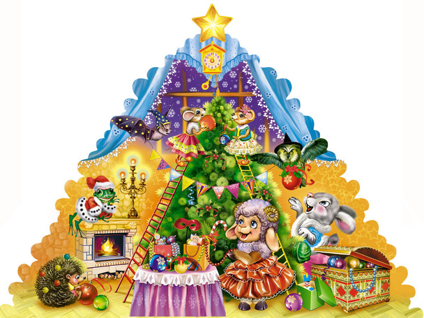Lustige Tiere schmücken Weihnachtsbaum, fröhliche Neujahrsstimmung, Illustration für Kinderbuch - Foto, Bild