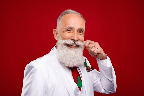 Photo of positive cheerful old man touch mustache wear tree tie christmas mood isolated on red color background - Photo, Image