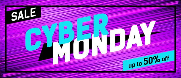 Cyber monday promo banner on a bright striped background. - ベクター画像