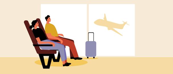 Pareja en el salón del aeropuerto, ilustración de stock de vector plano con sala de espera interior y pasajeros con equipaje - Vector, imagen