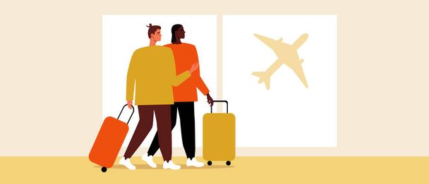 ΛΟΑΤΚΙ ζευγάρι στο αεροδρόμιο, Επίπεδη διανυσματική απεικόνιση αποθεμάτων, άνθρωποι που περιμένουν την πτήση, ομοφυλόφιλο ζευγάρι με τις αποσκευές - Διάνυσμα, εικόνα