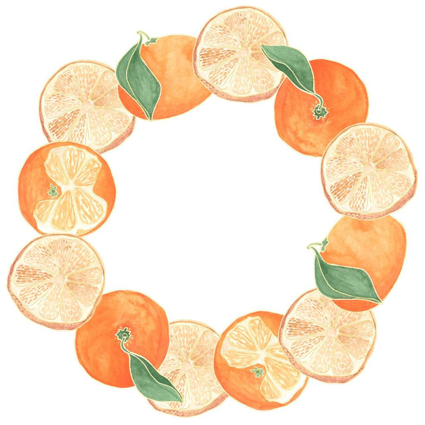 Un marco redondo de ilustraciones de acuarela, mandarinas y rodajas de naranja secas sobre un fondo blanco es un elemento aislado - Foto, Imagen