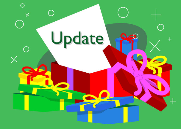 Geopende geschenkdoos met wit papier en Update tekst. Kerst-, nieuwjaars- of verjaardagscadeau. - Vector, afbeelding