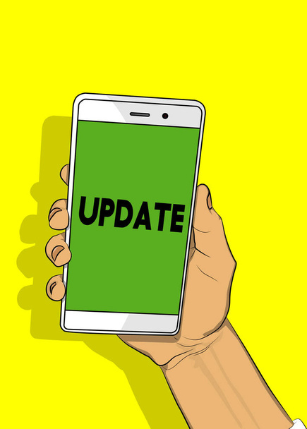 Update text on Smartphone screen. Cartoon vector illustrated mobile phone. - Vector, Image