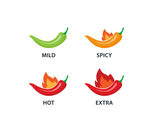 Fűszeres chili paprika forró tűz címkék. Fűszeres ételszintű ikonok, enyhe, közepes és extra forró. - Vektor, kép