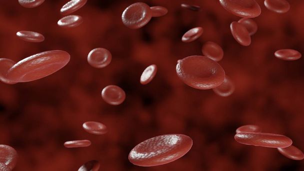 Rote Blutkörperchen auf rotem Hintergrund. Blutfluss in einem lebenden Organismus. Wissenschaftliches und medizinisches Konzept. Übertragung wichtiger Elemente im Blut zum Schutz des Körpers. 3D-Darstellung - Foto, Bild