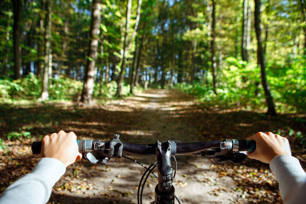 Mountain biking down hill descending fast on bicycle. View from bikers eyes. - 写真・画像
