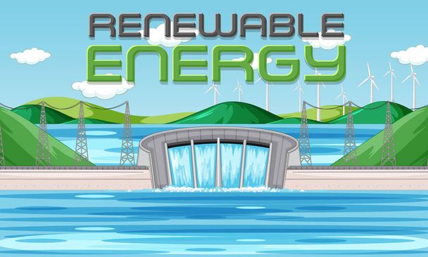 Usinas hidrelétricas geram eletricidade com ilustração de banner de renovação - Vetor, Imagem