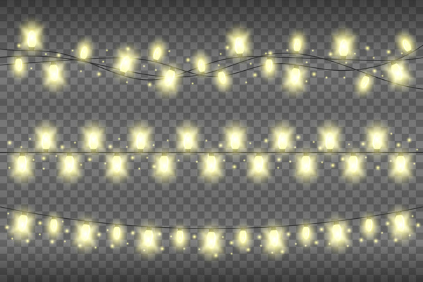 Luces de guirnalda realistas amarillas navideñas sobre un fondo transparente. Guirnalda brillante decoración de luces con destellos - Foto, Imagen