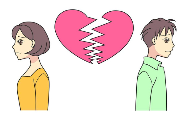 A back-to-back couple looking sad with a broken pink heart - Photo, Image