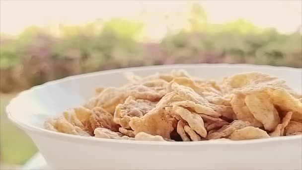Ciotola di cereali con latte per la colazione all'aperto in estate - Filmati, video