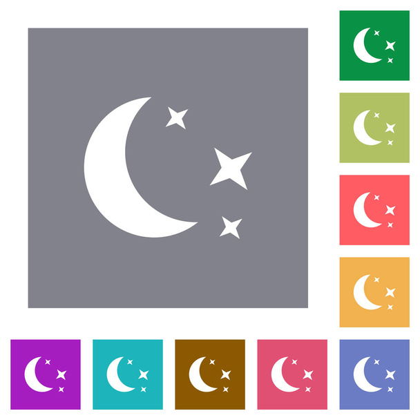 Moonlit night flat icons on simple color square backgrounds - Vector, Image