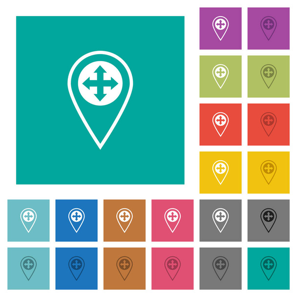 Ubicación GPS mover iconos planos multicolores sobre fondos cuadrados llanos. Incluidas variaciones de iconos blancos y más oscuros para efectos de flotación o activos. - Vector, imagen