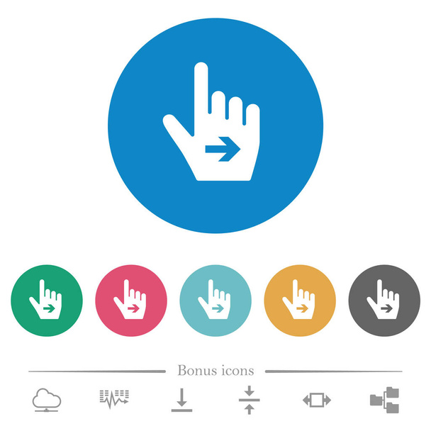 Hand cursor rechts effen platte witte pictogrammen op ronde kleur achtergronden. 6 bonus symbolen opgenomen. - Vector, afbeelding