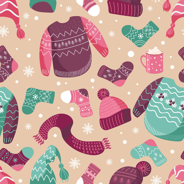 Vektorové vánoční ilustrační vzory zimního teplého oblečení. Klobouky, ponožky, ošklivý vánoční svetr, svetr, šála. Hrnek s kakaem. Růžově zelené odstíny. Pro tapety, potisk na tkaniny, obaly, - Vektor, obrázek