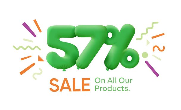 Special offer sale 57  % discount 3D number Green tag voucher illustration. Discount season label promotion advertising summer sale coupon promo marketing banner holiday weekend - Photo, Image