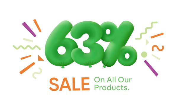 Special offer sale 63  % discount 3D number Green tag voucher illustration. Discount season label promotion advertising summer sale coupon promo marketing banner holiday weekend - Photo, Image